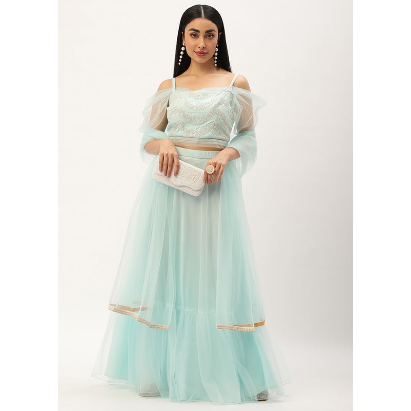 3 Pc Blue Net Readymade Lehenga Set - JD986615024