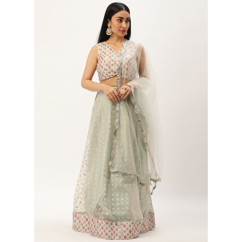 3 Pc Blue Net Readymade Lehenga Set - JD986615025