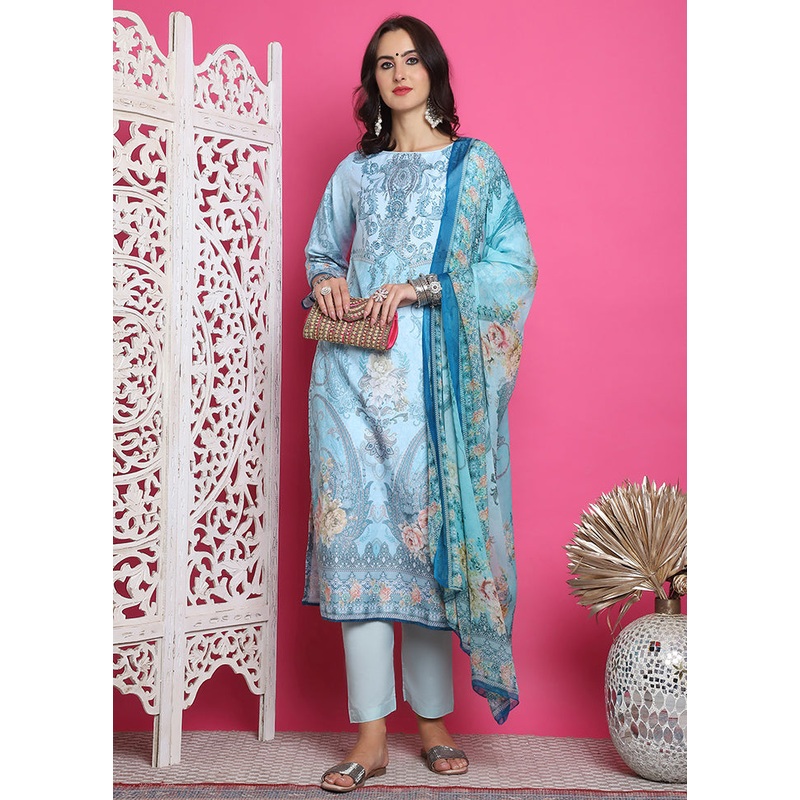 3 Pc Blue Semi Stitched Silk Suit Set - JD986615051