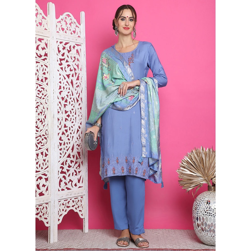 3 Pc Blue Semi Stitched Silk Suit Set - JD986615052