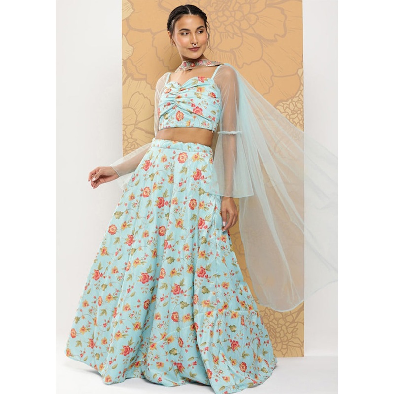 3 Pc Blue Silk Readymade Lehenga Set - JD986614946