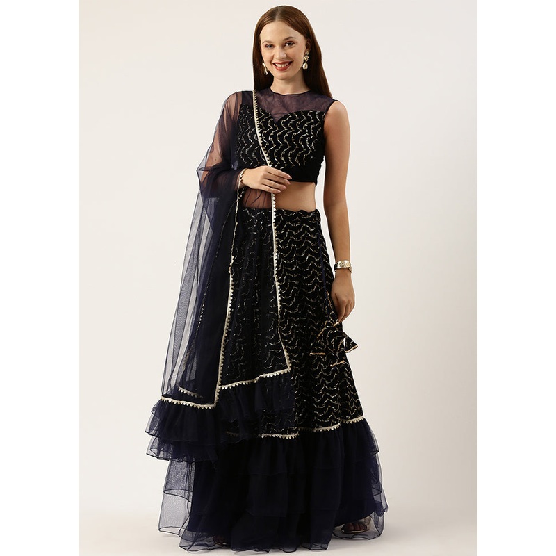 3 Pc Blue Silk Readymade Lehenga Set - JD986614947