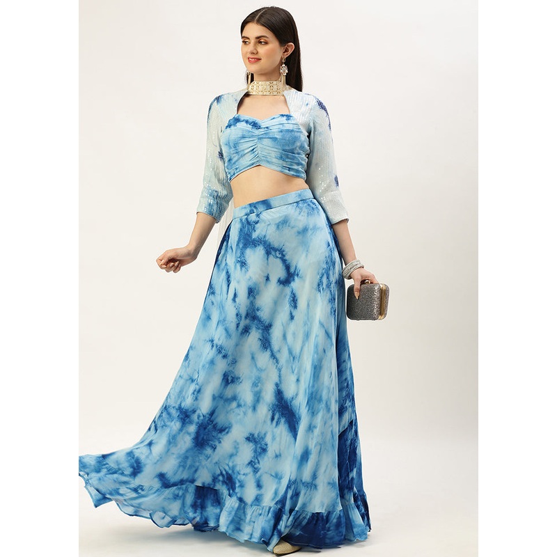 3 Pc Blue Silk Readymade Lehenga Set - JD986614998