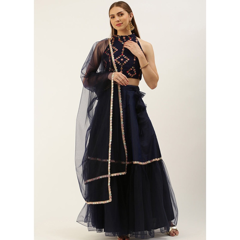 3 Pc Blue Silk Readymade Lehenga Set - JD986615023