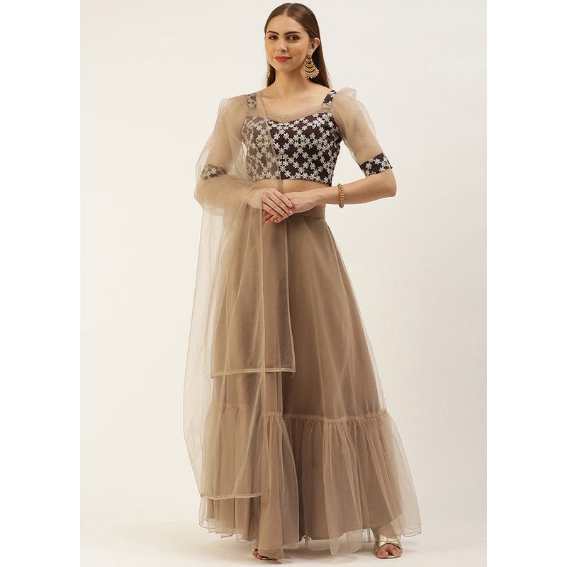 3 Pc Brown Net Readymade Lehenga Set - JD986615022