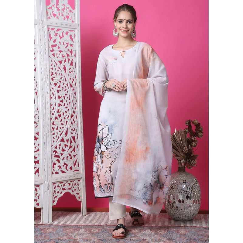 3 Pc Cream Semi Stitched Cotton Suit Set - JD986614959