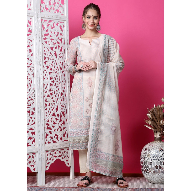 3 Pc Cream Semi Stitched Cotton Suit Set - JD986615049