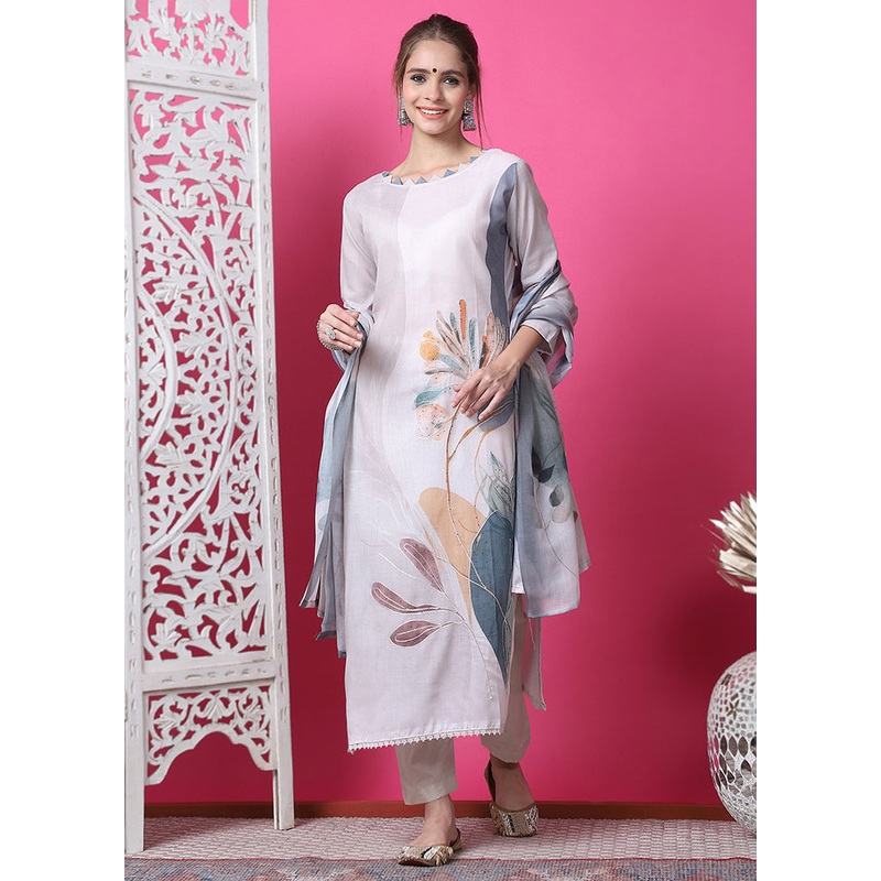 3 Pc Cream Semi Stitched Cotton Suit Set - JD986615050
