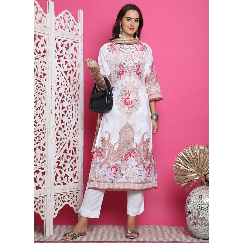 3 Pc Cream Semi Stitched Silk Suit Set - JD986615048