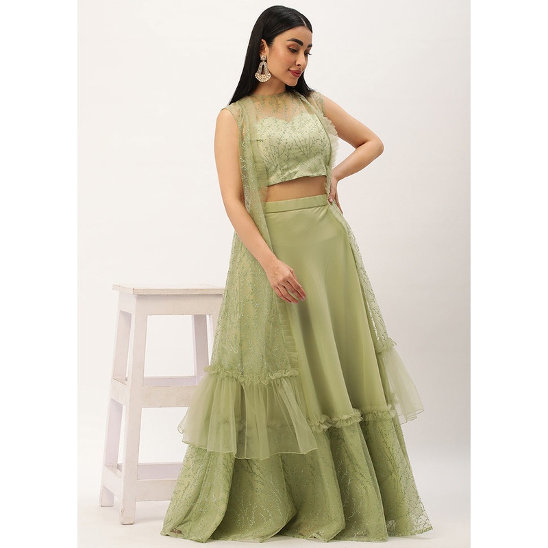 3 Pc Green Georgette Readymade Lehenga Set - JD986614942