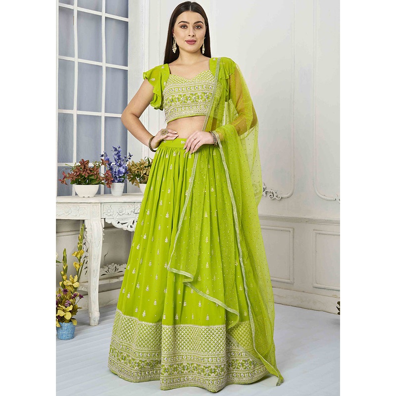 3 Pc Green Georgette Readymade Lehenga Set - JD986614944