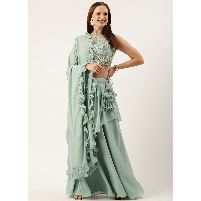 3 Pc Green Georgette Readymade Lehenga Set - JD986615013