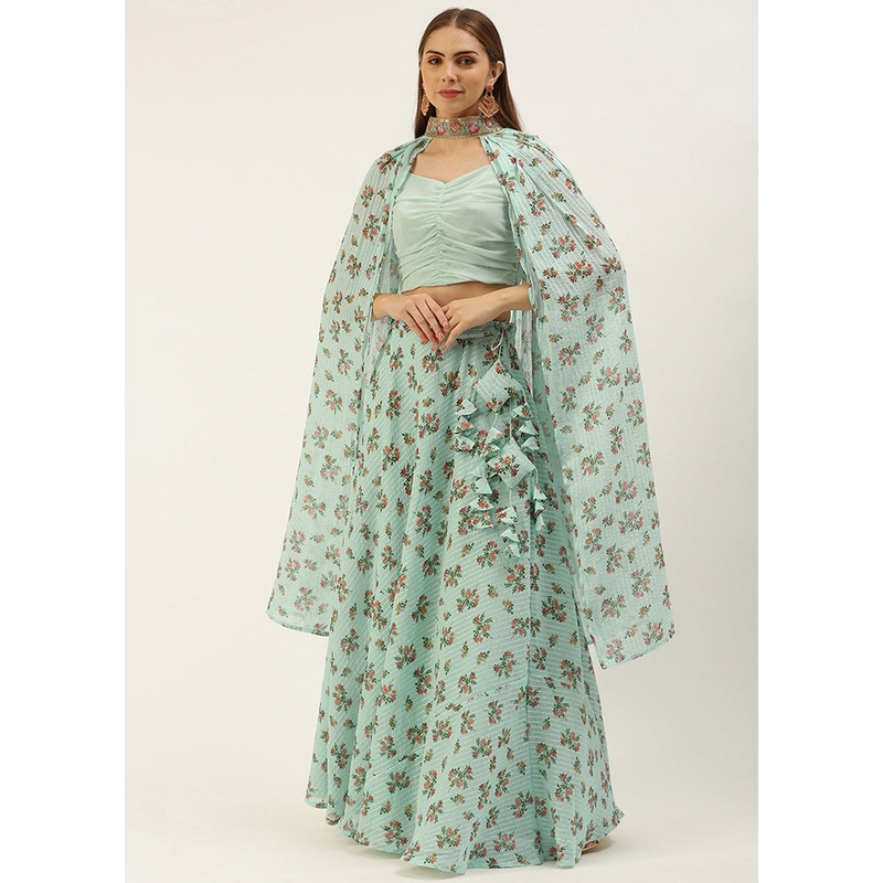 3 Pc Green Georgette Readymade Lehenga Set - JD986615014
