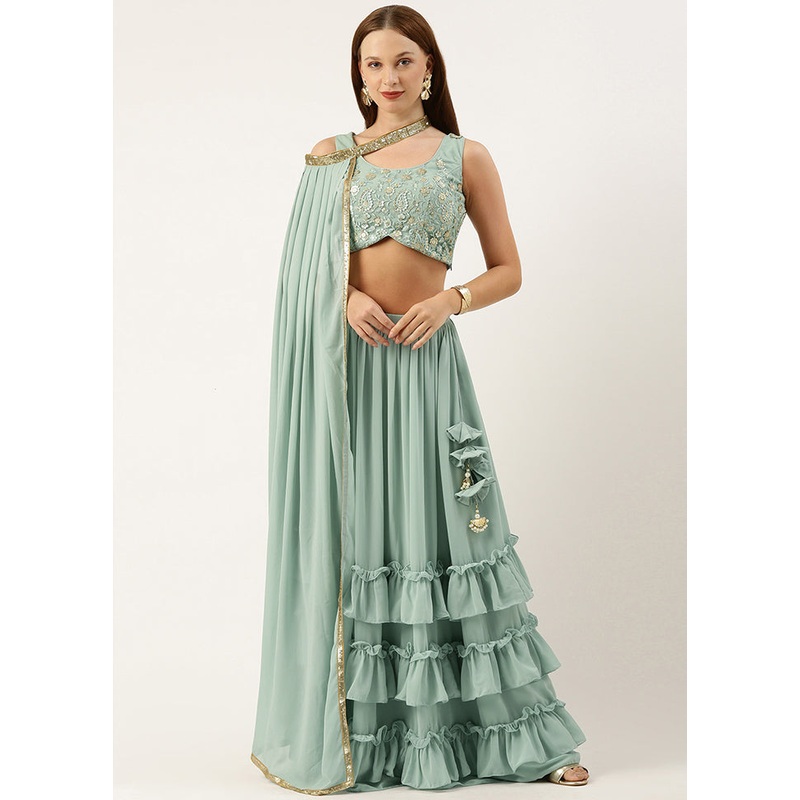 3 Pc Green Georgette Readymade Lehenga Set - JD986615015