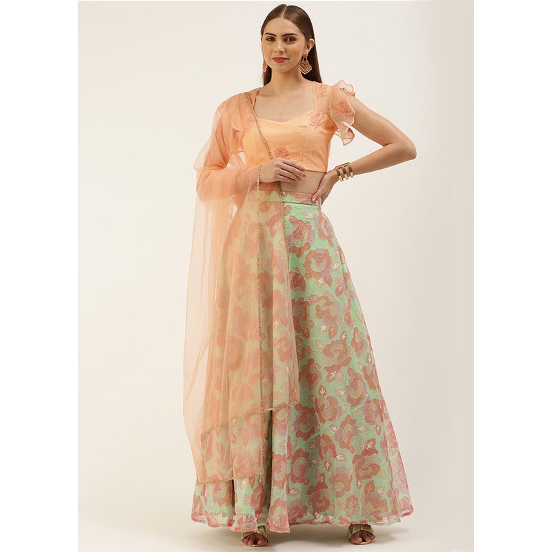 3 Pc Green Net Readymade Lehenga Set - JD986614940