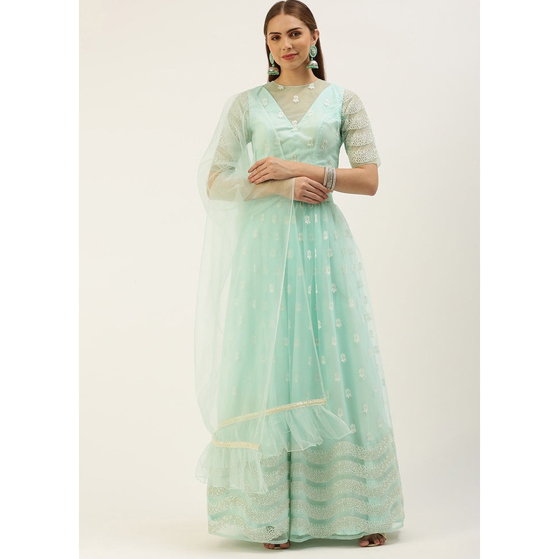3 Pc Green Net Readymade Lehenga Set - JD986614941