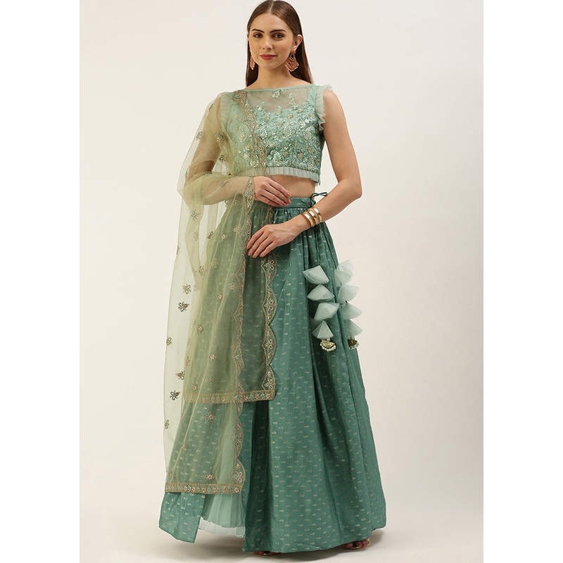 3 Pc Green Net Readymade Lehenga Set - JD986615010