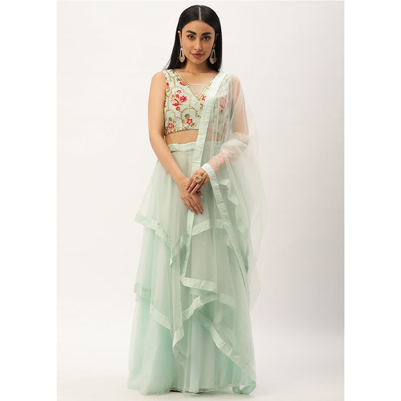 3 Pc Green Net Readymade Lehenga Set - JD986615011