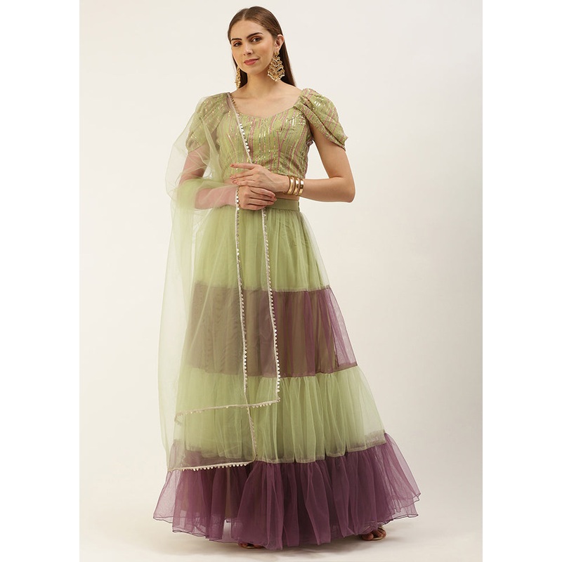 3 Pc Green Net Readymade Lehenga Set - JD986615012