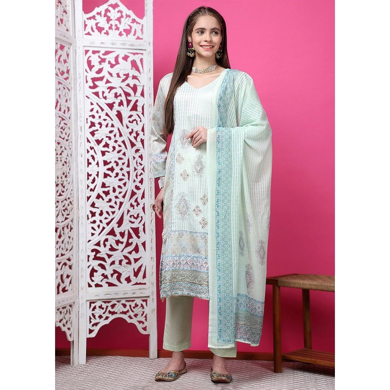 3 Pc Green Semi Stitched Cotton Suit Set - JD986614958