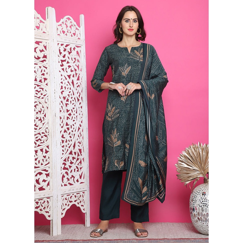 3 Pc Green Semi Stitched Silk Suit Set - JD986614957