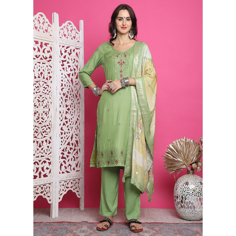 3 Pc Green Semi Stitched Silk Suit Set - JD986615047