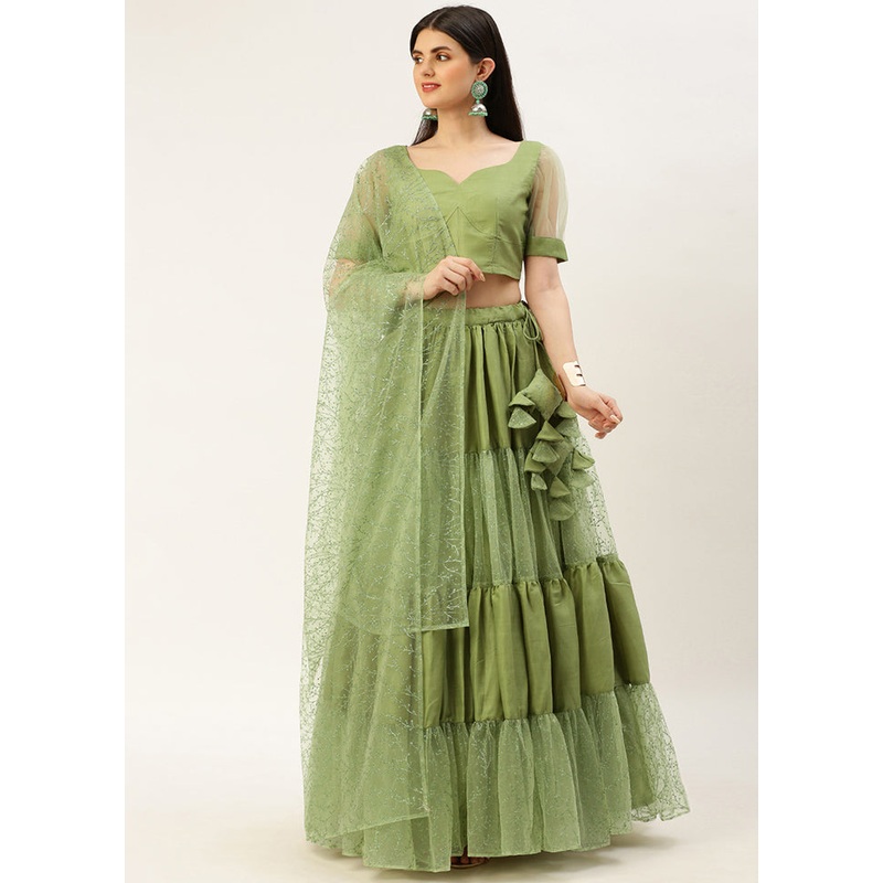 3 Pc Green Silk Readymade Lehenga Set - JD986615006