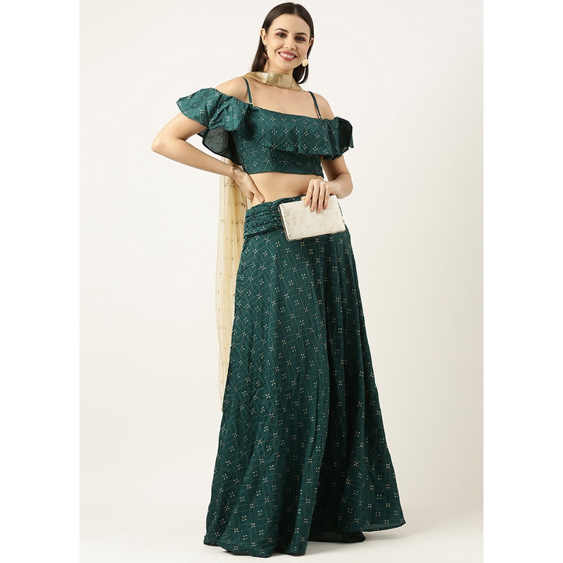 3 Pc Green Silk Readymade Lehenga Set - JD986615007