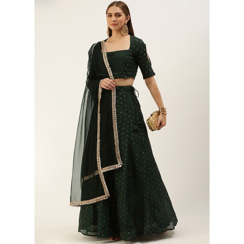 3 Pc Green Silk Readymade Lehenga Set - JD986615008