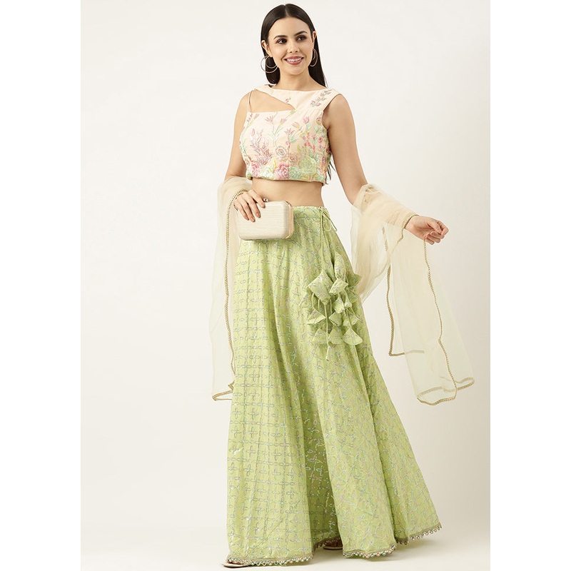 3 Pc Green Silk Readymade Lehenga Set - JD986615009