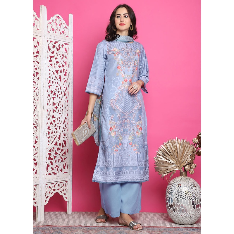 3 Pc Grey Semi Stitched Silk Suit Set - JD986615045