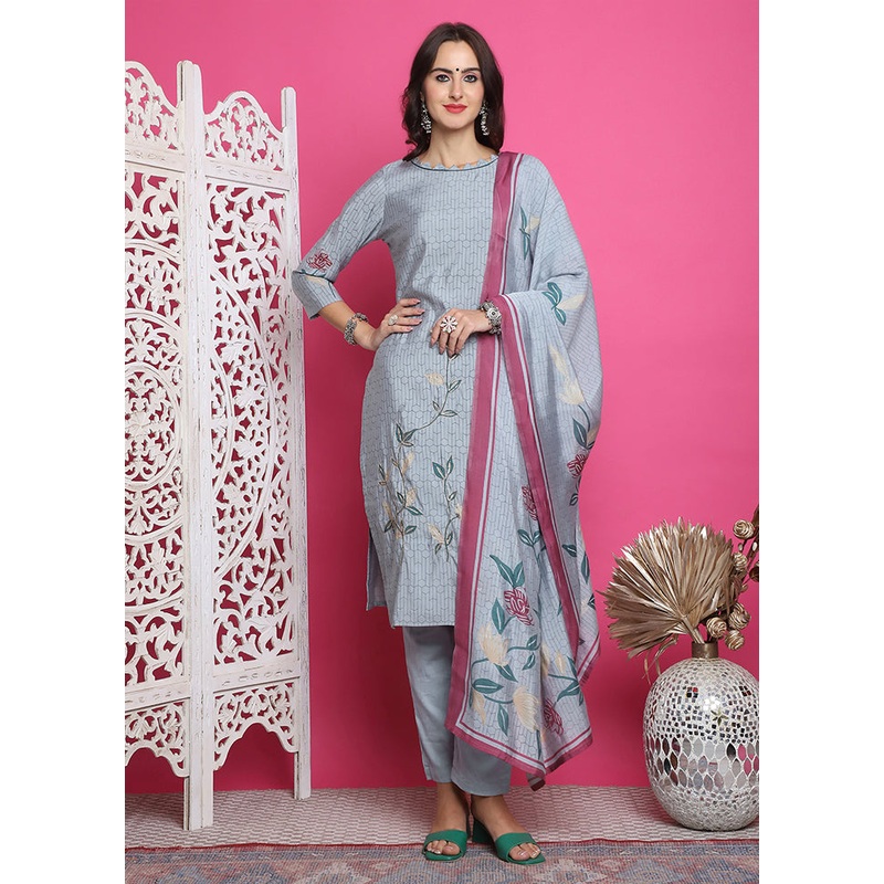 3 Pc Grey Semi Stitched Silk Suit Set - JD986615046