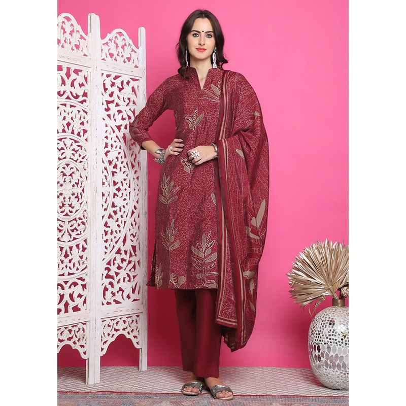 3 Pc Maroon Semi Stitched Silk Suit Set - JD986615044