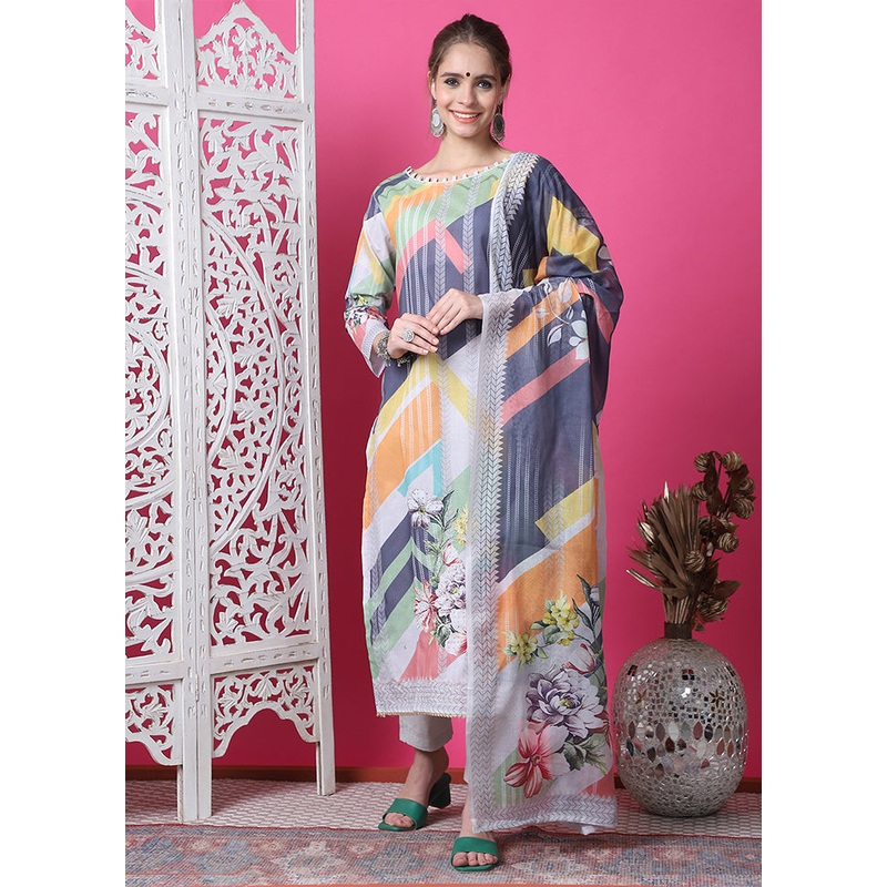 3 Pc Multicolor Semi Stitched Cotton Suit Set - JD986615042