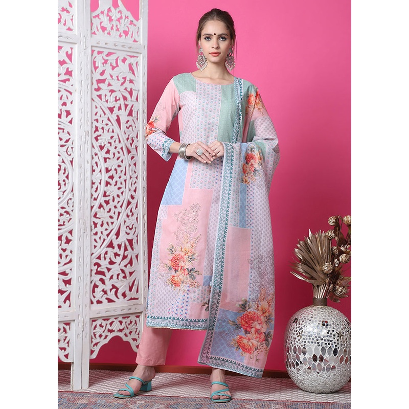 3 Pc Multicolor Semi Stitched Cotton Suit Set - JD986615043