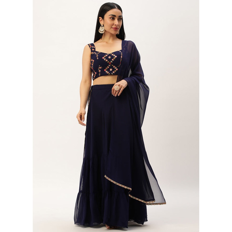3 Pc Navy Blue Georgette Readymade Lehenga Set - JD986614939