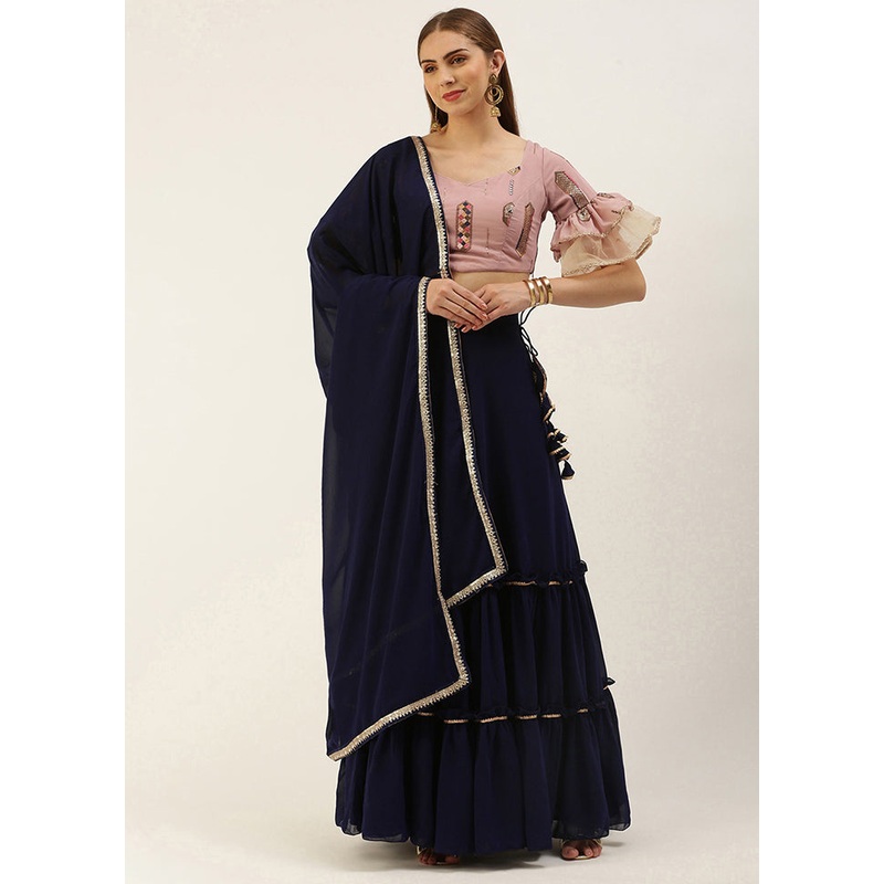 3 Pc Navy Blue Georgette Readymade Lehenga Set - JD986614994