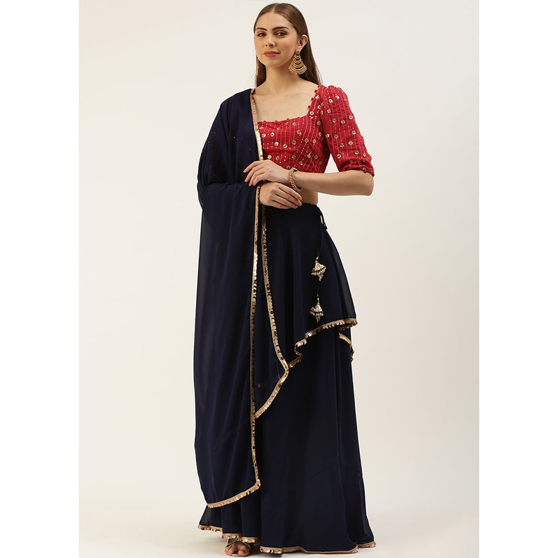 3 Pc Navy Blue Georgette Readymade Lehenga Set - JD986614995