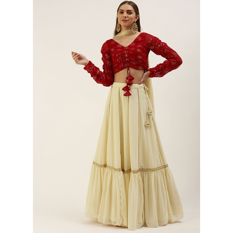 3 Pc Off White Georgette Readymade Lehenga Set - JD986614992