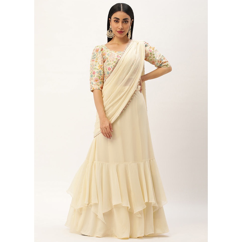 3 Pc Off White Georgette Readymade Lehenga Set - JD986614993
