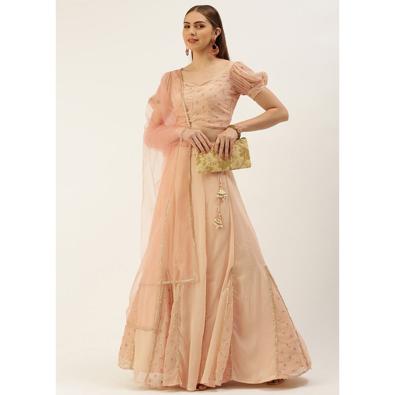 3 Pc Peach Georgette Readymade Lehenga Set - JD986614990