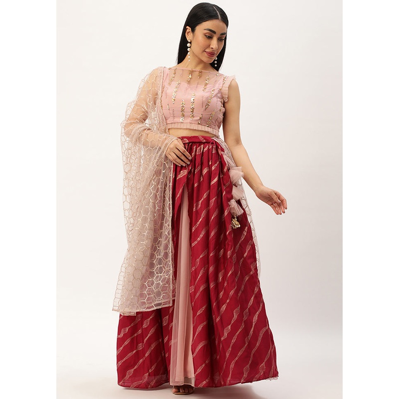 3 Pc Peach Net Readymade Lehenga Set - JD986614938