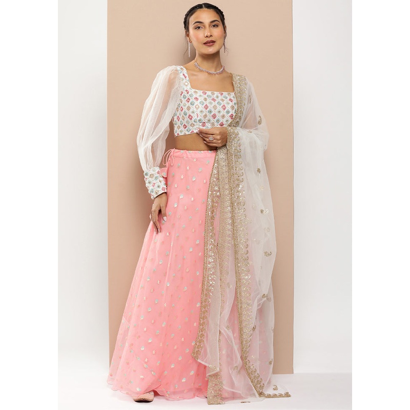 3 Pc Pink Net Readymade Lehenga Set - JD986614934