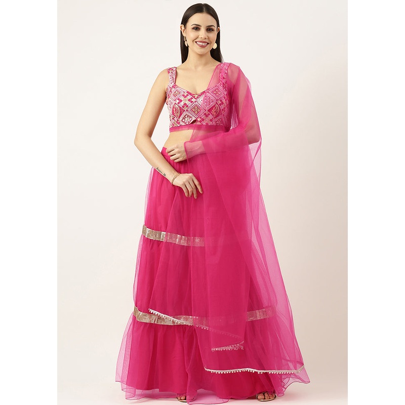 3 Pc Pink Net Readymade Lehenga Set - JD986614979