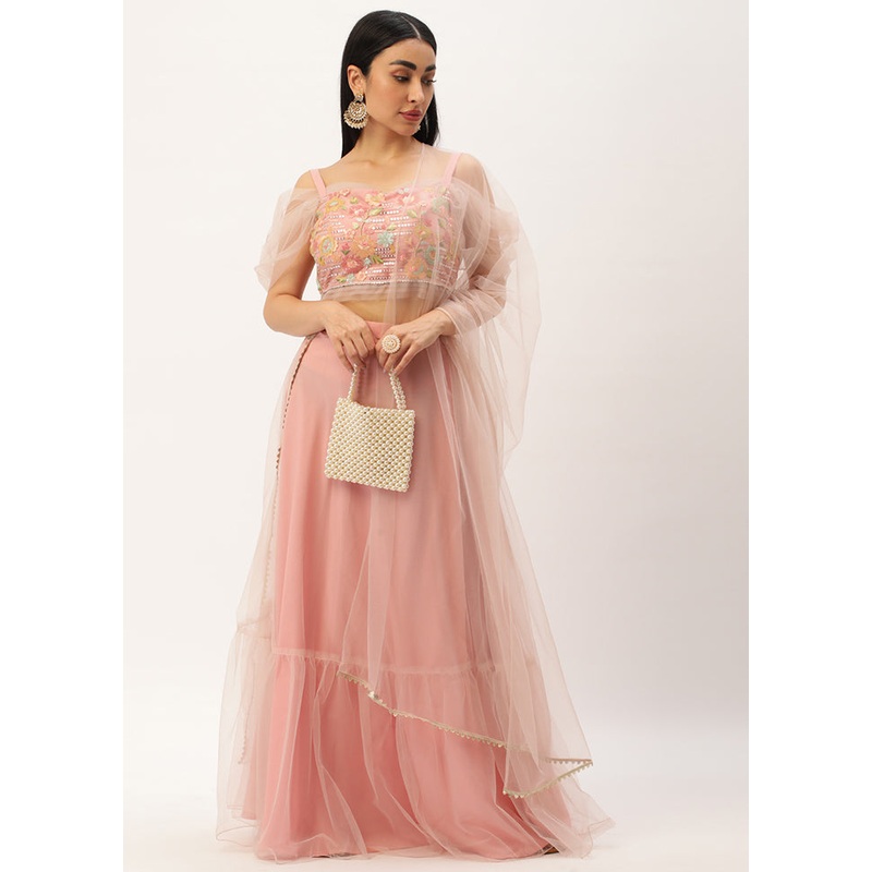 3 Pc Pink Net Readymade Lehenga Set - JD986614980