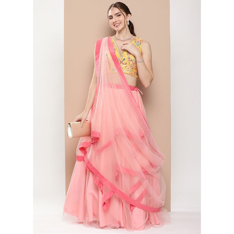 3 Pc Pink Net Readymade Lehenga Set - JD986614982