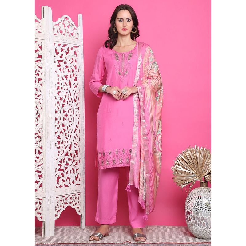 3 Pc Pink Semi Stitched Silk Suit Set - JD986614955