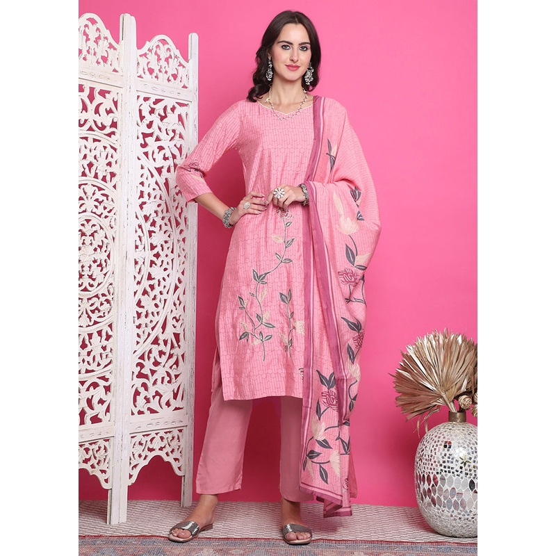 3 Pc Pink Semi Stitched Silk Suit Set - JD986614956