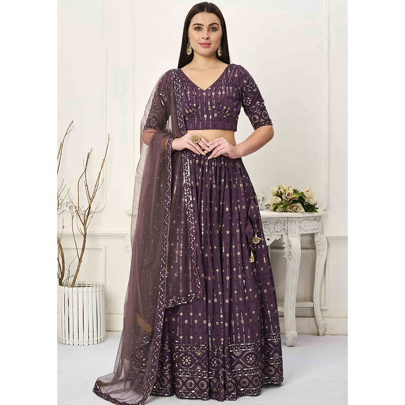 3 Pc Purple Georgette Readymade Lehenga Set - JD986614971