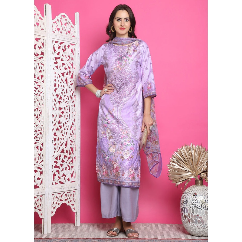 3 Pc Purple Semi Stitched Silk Suit Set - JD986614954